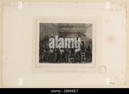 Rivoluzione francese: Thermidor anno II 8 giorno o 26 luglio 1794. Discorso di Robespierre al Jacobin Club. Rue Saint Honore (attuale Piazza del mercato Saint Honore. ottavo distretto. Piatto del Museo della Rivoluzione a Perrotin, 1834 (titolo fittizio) Foto Stock