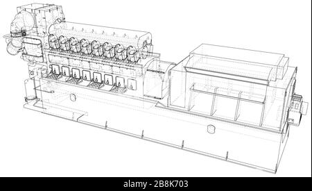 Motore a gas. Il motore a gas è un motore a combustione interna che funziona con un carburante a gas. Linea wire-frame isolata su bianco. Rendering vettoriale di 3d. Illustrazione Vettoriale