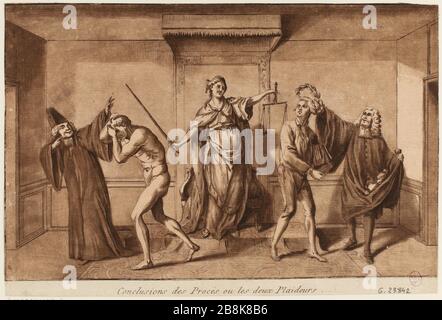 Cartoon sul Chicane. La corruzione giudiziaria sotto il vecchio regime. Rivoluzione francese, 1789. La Giustizia restituisce un litigante e corona un altro personaggio. (titolo fittizio) Foto Stock