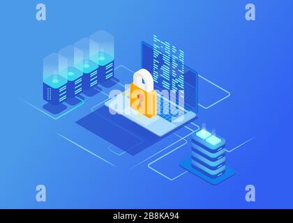 Concetti di protezione isometrica della rete. Sicurezza informatica. Notebook con dati e protezione dagli attacchi degli hacker. Illustrazione vettoriale Illustrazione Vettoriale