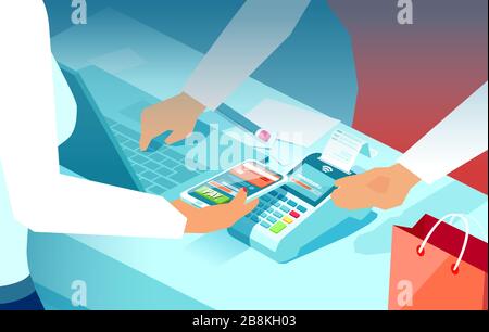 Vettore di un consumatore che tiene smartphone su cassiere per pagare l'acquisto in un supermercato Illustrazione Vettoriale
