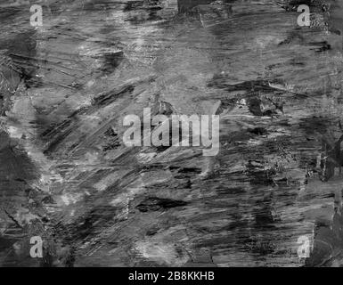 Sfondo monocromatico astratto. Tavolozza con vernici ad olio. Pennellate a mano libera. Bianco e nero, e sfondo grigio con texture e graffi, stai Foto Stock