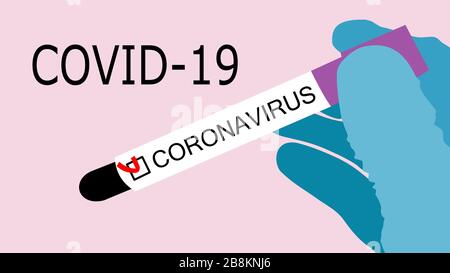 Provetta per coronavirus tenuta tra le dita di una persona medica che indossa guanti. Illustrazione Vettoriale