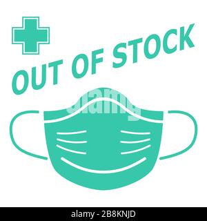 Maschera medica con avviso di esaurimento scorte e icona della croce della farmacia. Illustrazione Vettoriale