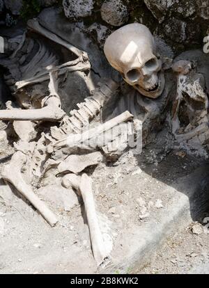 Resti scheletrici delle vittime dell'eruzione del Vesuvio del 79 d.C., Ercolano, Campania, Italia. Foto Stock