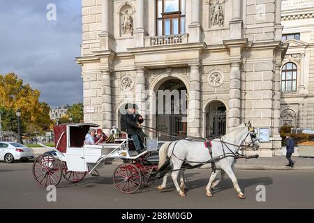 VIENNA, AUSTRIA - NOVEMBRE 2019: Persone che cavalcano in una carrozza trainata da cavalli nel centro di Vienna. Foto Stock