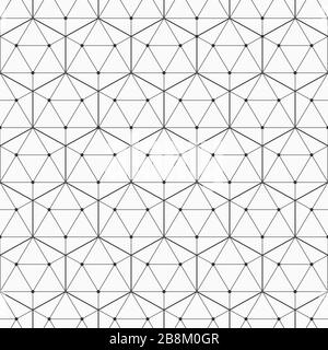 Schema senza giunture astratto. Ripetizione di uno sfondo geometrico con esagoni lineari, triangoli. Linee in forme triangolari collegate da nodi circolari. Illustrazione Vettoriale