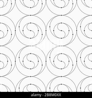 Schema astratto senza giunture di cerchi di connessione e linee arrotondate. Struttura moderna ed elegante. Stile lineare. Elementi a spirale. Punti nei nodi. Vettore. Illustrazione Vettoriale