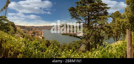 Vista da uno dei giardini del Crystal Palace. Il fiume Douro che scorre nel mare che divide le due città, Porto e Gaia. Foto Stock