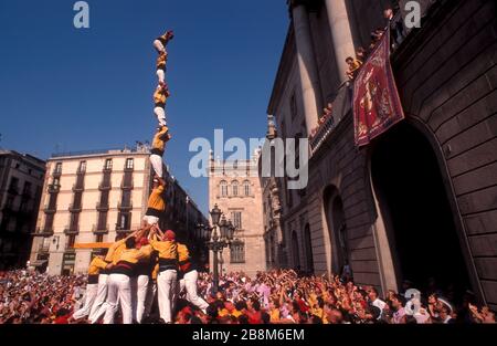 Festes de la Mercè, Pilar de set amb folre, Bordegassos de Vilanova, Barcellona, Catalogna, Europa Foto Stock