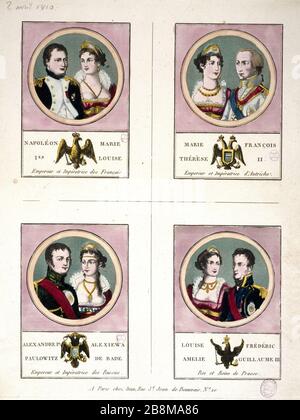 QUATTRO MEDAGLIONI: NAPOLEONE IER E MARIE-LOUISE MARIE-THERESE ET FRANCOIS II ALEXANDER E IER Alexieva BADEN, LOUISE E AMELIE FREDERIC GUILLAUME III "Quatre médaillons: Napoléon Ier et Marie-Louise, Marie-Thérèse et François II, Alexandre Ier et Alexieva de Bade, Louise Amélie" Frédéric III. Anonyme Estampe. Parigi, musée Carnavalet. Foto Stock