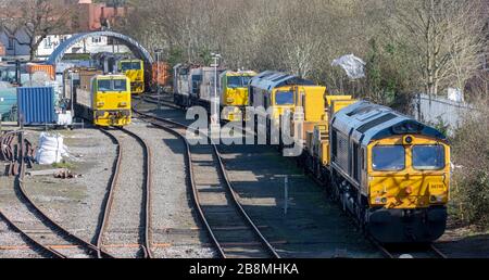 British Rail GB servizi di trasporto ferroviario locomotive compresa Classe 66 West Burton 50 - 66748 - a Totton Railway sidings Totton, Hampshire, Inghilterra, Regno Unito Foto Stock