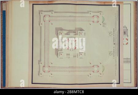 Relazioni progetto Marigny circolare 'Tempio' circondata da un colonnato dedicato al Marchese di Marigny Nicolas-Marie Potain (1723-1790), architettura. Recueil Marigny : projet pour la statuine équestre de Louis XV (pagina 8 gauche et droite), 1753. Parigi, musée Carnavalet. Foto Stock