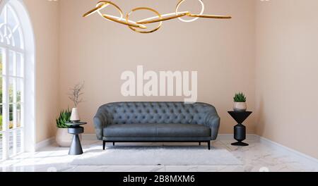Interni del moderno soggiorno in stile classico con mobili e spazio copia sul muro per Mock Up, rappresentazione 3D Foto Stock