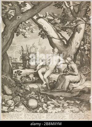 La leggenda di Pomona Abraham Bloemaert (1564-1651). La légende de Pomone. Illustrazione d'un épisode du mythe de Vertumne et Pomone. Gravure sur papier vergé, 1605. Parigi, musée de la vie romanticique. Foto Stock