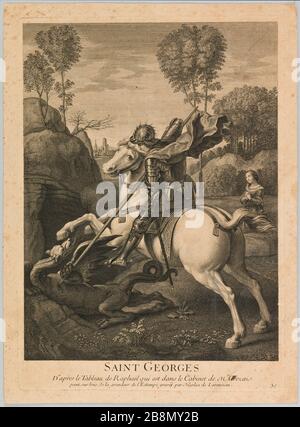 San Giorgio e il drago Nicolas III de Larmessin (v;1640-1725). Saint Georges et le dragon. Gravure, 1729-1742. Parigi, musée de la vie romanticique. Foto Stock