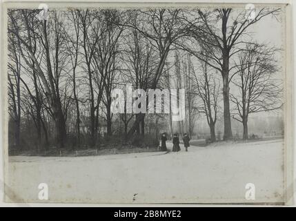 Serie 'Bois de Vincennes', ritratto di tre persone a piedi nei boschi innevati di Vincennes, 12 ° arrondissement, Parigi. Série 'Bois de Vincennes', ritratto di trois personnes marchant dans le bois de Vincennes enneigé, Parigi (XIIème arr.). Photographie de R. Schwartz. Tigre au gélatino-bromure d'argent, vers 1900. Parigi, musée Carnavalet. Foto Stock