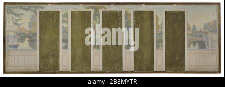 Schizzo per il sindaco di Asnières: Ponte della Senna Asnières Henry Marius Camille Bouvet (1859-1945). "La Seine au pont d'Asnières". Esquisse pour la mairie d'Asnières. Huile sur toile, 1900. Musée des Beaux-Arts de la Ville de Paris, Petit Palais. Foto Stock