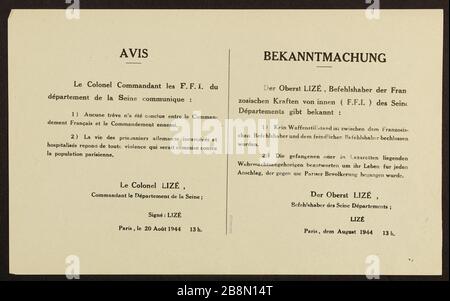 AVVISO Colonnello che comanda la F.F.I. il dipartimento della Senna comunica: 1) non è stata raggiunta alcuna tregua tra il comando francese e il comando nemico. Anonyme. Affari d'information. "Avis. Le Colonel Commandant les F.F.I. du département de la Seine communique: 1) aucune trêve n'a été concluse entre le Commandement Français et le Commandement ennemi'. Typographie. 1944. Parigi, musée Carnavalet . Foto Stock
