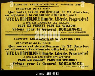 ELEZIONI LEGISLATIVE IL 27 GENNAIO 1889 VOTANTI DELLA SENNA, che il nostro grido di rally, il 27 gennaio, in risposta alla calunnia ufficiale, sia: VIVA LA REPUBBLICA onesta, liberale, progressiva! Imprimerie Belon. ELEZIONE LEGISLATIVA DU 27 JANVIER 1889, ELECTEURS DE LA SEINE, Que notre cri de ralliement, le 27 Janvier, en réponse à la calomnie officielle, soit: VIVE LA REPUBLIQUE Honnête, Libérale, Progressive!. Typographie sur papier jaune. 1889. Parigi, musée Carnavalet. Foto Stock