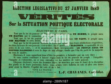 ELEZIONI LEGISLATIVE 27 gennaio 1889, VERITÀ sulla SITUAZIONE POLITICA ELETTORALE Imprimerie Tardy-Pigelet. ELEZIONE LEGISLATIVA DU 27 JANVIER 1889, VERITES SUR LA SITUAZIONE POLITIQUE ELECTORALE. Typographie sur papier vert. 1889. Parigi, musée Carnavalet. Foto Stock