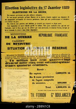 Elezione legislativa del 27 gennaio 1889, ELETTORI DELLA SENNA, i miei nemici usano i più odiosi calunnie. Imprimerie Belon. Election législative du 27 Janvier 1889, ELECTEURS DE LA SEINE, MES ennemis ont recours aux Plus odieuses calomnies. Typographie sur papier jaune. 1889. Parigi, musée Carnavalet. Foto Stock