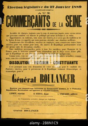 Elezione legislativa del 27 gennaio 1889, I COMMERCIANTI DELLA SENNA Imprimerie Belon. Election législative du 27 Janvier 1889, AUX COMMERCANTS DE LA SEINE. Typographie sur papier jaune. 1889. Parigi, musée Carnavalet. Foto Stock