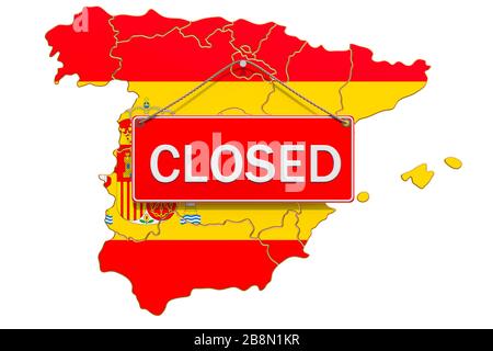 Mappa spagnola con cartello chiuso, concetto di quarantena. Rendering 3D isolato su sfondo bianco Foto Stock