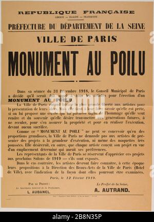 REPUBBLICA FRANCESE, LIBERTÀ - UGUAGLIANZA - FRATERNITÀ, DIPARTIMENTO PREFETTURA DELLA SENNA, CITTÀ DI PARIGI, MONUMENTO AFFEATO D'INFORMATION. 'Documento au poilu'. Préfecture du département de la Seine, Ville de Paris. Typographie. 1919. Imprimerie Paul Dupont. Parigi, musée Carnavalet . Foto Stock