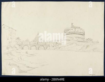 Roma, vista sul ponte e Castel Sant'Angelo. René Marjolin (1812-1895). Roma, vue du pont et du Chateau Saint-Ange (Italie). Crayon grafite. Parigi, musée de la vie romanticique. Foto Stock