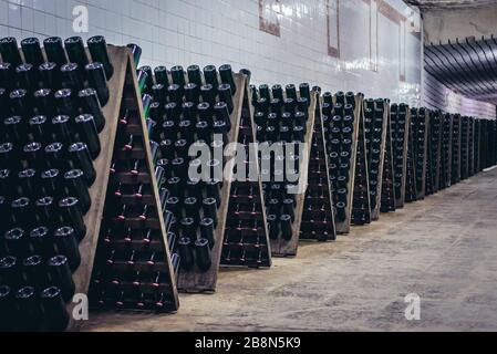 Magazzino con bottiglie di vino durante la produzione prcess chiamato riddling nella famosa cantina Cricova nella città di Cricova vicino a Chisinau, capitale della Moldavia Foto Stock