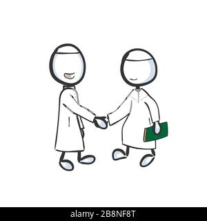 Fratelli musulmani che danno salaam. Musulmani saluto stretta di mano. Disegnato a mano. Cartoon Stickman. Schizzo di Doodle, illustrazione grafica vettoriale Illustrazione Vettoriale