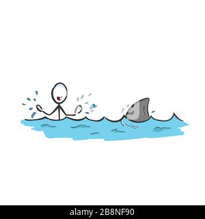 Uomo in pericolo. Squalo in mare. Oceano attacco di squalo d'acqua profonda. Disegnato a mano. Cartoon Stickman. Schizzo di Doodle, illustrazione grafica vettoriale Illustrazione Vettoriale