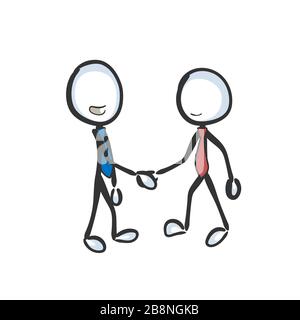 Accordo commerciale. Stretta di mano del contratto. Riunione formale. Disegnato a mano. Cartoon Stickman. Schizzo di Doodle, illustrazione grafica vettoriale Illustrazione Vettoriale