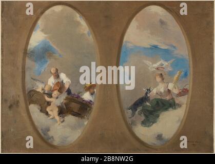 Schizzo per il soffitto della sala del vino di Suresnes Allegory - Goatherd doves Edouard Michel-Lançon. « Esquisse pour le plafond de la mairie de Suresnes : Allégorie du vin - Chevrière aux colombes ». Huile sur toile. 1897. Musée des Beaux-Arts de la Ville de Paris, Petit Palais. Foto Stock