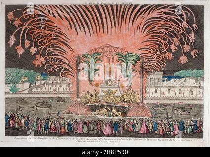 Illuminazione del luogo Luigi XV / decorazione di fuochi d'artificio [...] "Écoration du feu d'artifice et de l'illumination de la Place de Louis XV, à l'occasione de la Paix, et la dédicace de la statuine équestre du Roi le 22 juin 1763". Estampe, 1763. Parigi, musée Carnavalet. Foto Stock