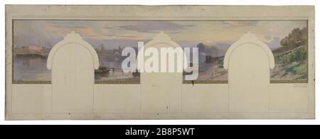 Schizzo per il sindaco di Asnieres: Paesaggio lungo la Senna. Schmitt, Paul Léon Felix. Esquisse pour la mairie d'Asnières : Paysage bord de Seine. Huile et encre noire sur toile. Vers 1901. Musée des Beaux-Arts de la Ville de Paris, Petit Palais. Foto Stock