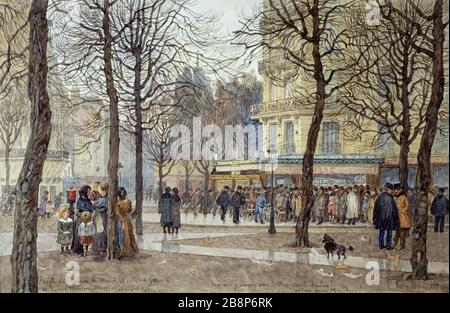 ANGLE AVENUE DU MAINE, GASSENDI STREET E SHEEP-DUVERNET STREET FÉLIX BRARD. "Angle de l'avenue du Maine, de la rue Gassendi, et de la rue Mouton-Duvernet. Nous, nous y sommes assez collées pour le charbon, au tour de ces messieurs', ottobre 1917. Dessin. Parigi, musée Carnavalet. Foto Stock