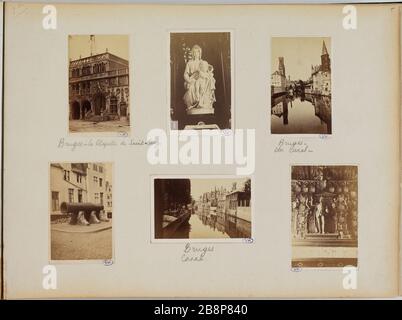 6 fotografie di Bruges: La Cappella del Santo sangue, la Madonna di Bruges, due vedute dei canali, una pistola in una strada e la statua di Carlo V sul manto del palazzo del franco. 6 photographies de Bruges : la chapelle du Saint-Sang, la madone de Bruges, deux vues de canaux, un canone dans une rue et la statuine de Charles-Quin sur le manteau de la cheminée du palais du Franc.. Anonima fotographie. Tirages sur papier albuminé. 1865-1871. Parigi, Maison de Victor Hugo. Parigi, Maison de Victor Hugo. Foto Stock