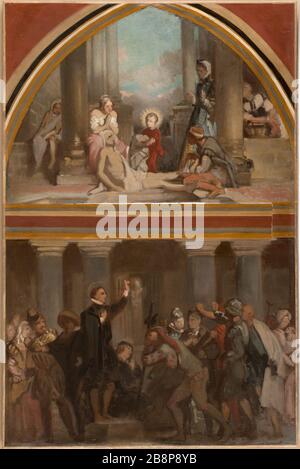 Schizzo per la chiesa di San Severin: L'Infanzia di San Francesco di Sales. San Francesco predica gli eretici di Chablais. Victor-Louis Mottez. 'Esquisse pour l'église Saint-Séverin : l'Enfance de Saint François de Sales. Saint François de Sales prêchant les hérétiques du Chablais'. Huile sur cartone, collé sur contreplaqué. 1852-1852. Musée des Beaux-Arts de la Ville de Paris, Petit Palais. Foto Stock