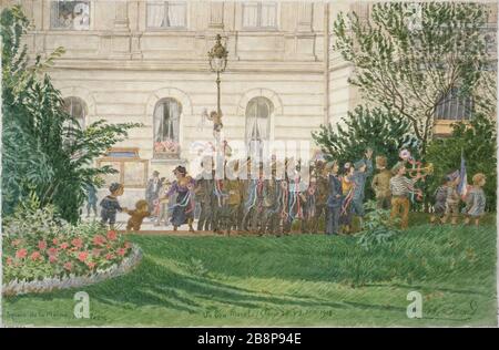 PIAZZA DEL CONSIGLIO COMUNALE DEL QUARTIERE XIV - BUONA MORALE 'Piazza de la mairie du XIVème circondario - un bon morale'. Dessin de Félix Brard. Parigi, musée Carnavalet. Foto Stock