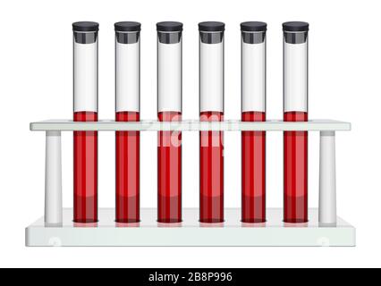 Provetta da laboratorio con sangue o altro liquido rosso in rack da laboratorio. Studio di laboratorio del sangue, analisi e diagnosi del paziente. Illustrazione Vettoriale