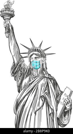 Statua della libertà in una maschera, il coronavirus è una malattia pericolosa negli Stati Uniti d'America, un respiratore, la protezione dal virus. Mano disegnata Illustrazione Vettoriale