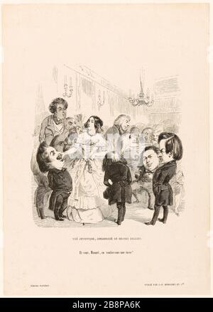 Tè artistico, uomini grandi stagionati [Balzac carico Ritratto] Grandville (Jean-Ignace-Isidore Gérard, dit) (1803-1847). "Thé artistique, assaisonné de grands hommes [Ritratto Charge de Balzac]". Balzac, Honoré de (1799-1850). Hugo, Victor (1802-1885). Dumas, Alexandre (1802-1870). Gravure. vers 1846. Parigi, Maison de Balzac. Foto Stock