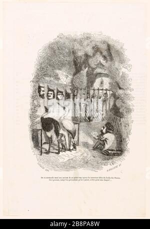 E' anche consigliato ai curiosi di non infastidire i padroni di casa troppo nuovi del Jardin des Plantes. Ciò può, nonostante le precauzioni che sono state prese, non essere sicuro! ... [Balzac carico Ritratto] Grandville (Jean-Ignace-Isidore Gérard, dit) (1803-1847). Attribué à Français, François Louis (1814-1897). Brévière, Louis-Henri (1797-1869). "On recommonde aussi aux curieux de ne point trop agacer les nouveaux hôtes du Jardin des Plantes. Ceci pouvant, malgré les précautions qu'on a pries, n'être punto sans pericolo !... [Portrait charge de Balzac]'. Balzac, Honoré de (1799-1850). Gravure. 1842. Parigi, Maiso Foto Stock