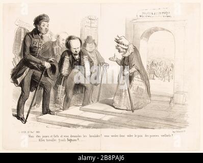 Moda, 23 novembre 1839: Sei giovane e forte e chiedi agli Invalides! Vuoi rubare il pane dei poveri vecchi? ... Venite a lavorare Feignans grande !! ... [Balzac carico Ritratto] Benjamin (Benjamin Roubaud, dit) (1811-1847). 'La Mode, 23 novembre 1839 : Vous êtes jeunes et forts et vous demandez les Invalides ! Vous voulez donc voler le pain des pauvres vieillards ?... Allez travailler grands Feignans !!...[Ritratto Charge de Balzac]'. Balzac, Honoré de (1799-1850). Hugo, Victor (1802-1885). Dumas, Alexandre (1802-1870). lithographie. 1839. Parigi, Maison de Balzac. Foto Stock