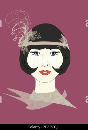 Un'illustrazione grafica di un Flapper degli anni '20 in un headpiece grigio ornato. Foto Stock