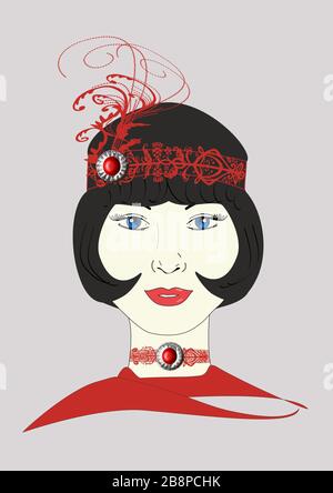 Un'illustrazione grafica di un Flapper degli anni '20 in una testata di colore rosso ornato. Foto Stock