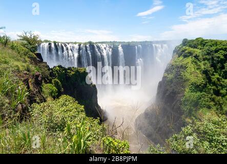 Ampia vista del bellissimo Parco Nazionale delle Cascate Vittoria dal lato dello Zimbabwe nel continente africano. Cascate vicino al confine con lo Zambia. Foto Stock