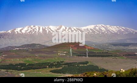 Vista sul Monte Hermon con neve dal Monte Bental, Golan Heights, Israele, Medio Oriente. Foto Stock